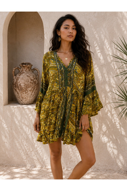 Authentic Ethnic Patterned Ruffle Mini Dress Std 36-40