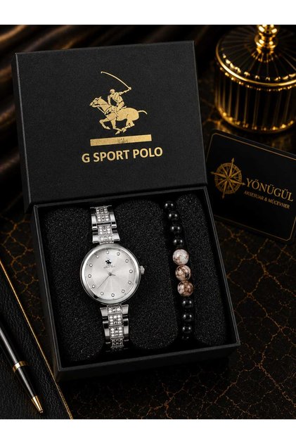 Women's Wristwatch & Natural Stone Bracelet Set – Silver Color Metal Band – Stylish and Elegant Gift Set