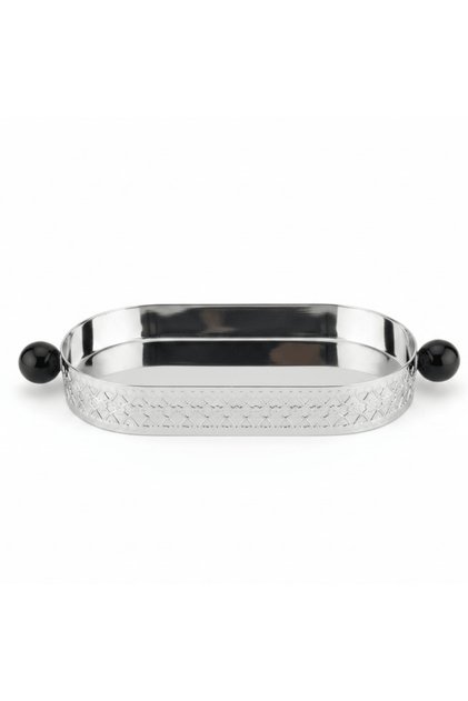 Silver Metal Oval Candy & Sweets Tray with Elegant Black Handles | Decorative Lattice Design | 20×10 cm