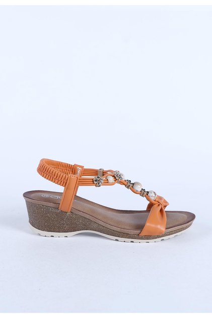 Women's Imported Stone Detailed Comfortable Special Padded Sole Sandals with Elastic Back Orange
