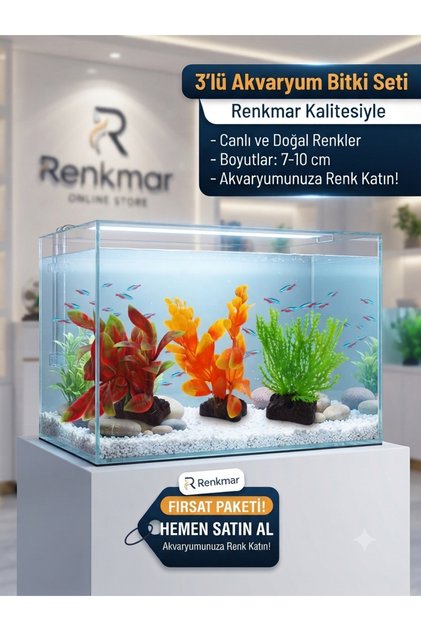 3'lü Akvaryum Bitkisi Seti - Yapay Dekoratif Akvaryum Bitkileri 7-10 cm