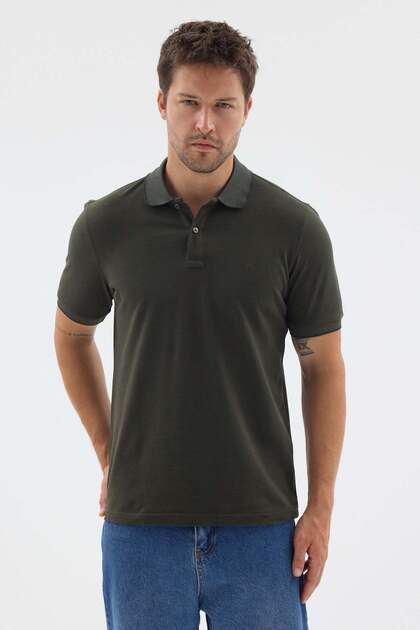 Khaki Polo Collar Pique Short Sleeve Slim Fit 100% Cotton T-Shirt 1011260171
