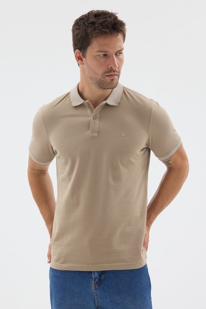 Beige Polo Collar Pique Short Sleeve Slim Fit 100% Cotton T-Shirt 1011260171