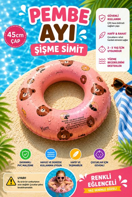 Pembe Ayı Desenli Şişme Simit – 45 cm