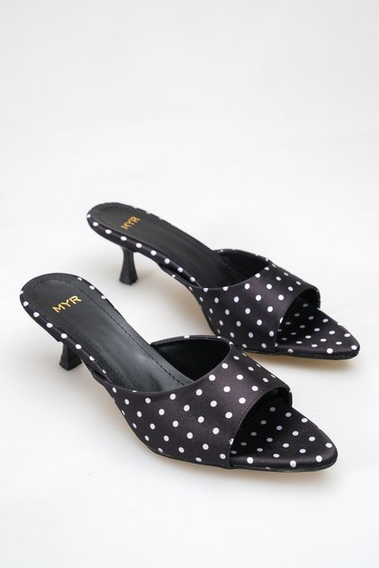 Women's Pointed Toe Heeled Satin Sandals Black Polka Dot