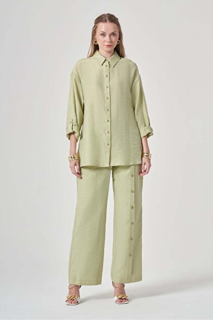 m♡shop FTZ WOMEN Kadın Düğme Detay Keten Takım Mint 31410 - Fiyatı, Yorumları