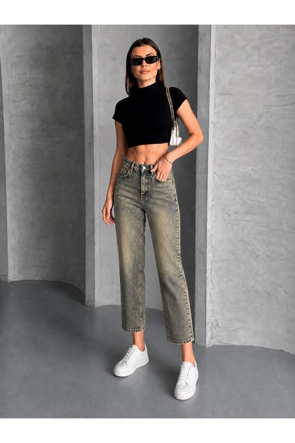 Kadın Yüksek Bel Cropped Kalıp Dar Paça Jean Pantolon- Petite Boy