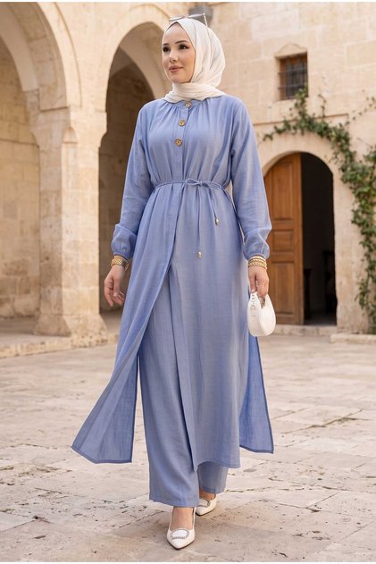 Lace-Up High Collar Long Tunic Set Baby Blue