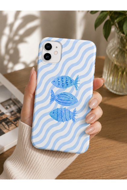 İphone 11 Uyumlu Mavi Balık Desenli Kadife Soft Telefon Kılıfı