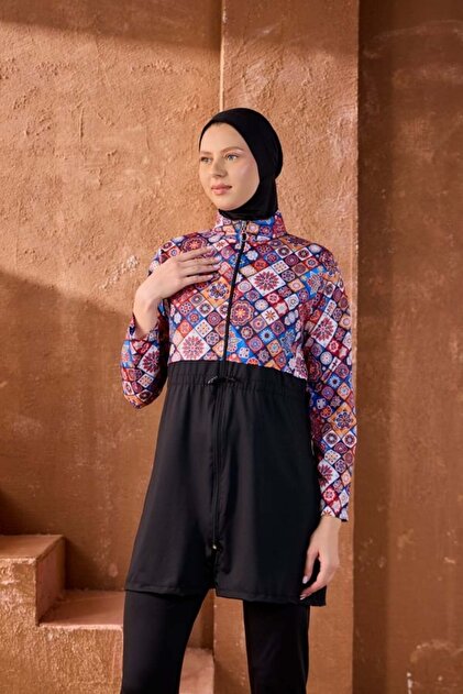 Starinci Anatolian Patterned Full-Coverage Hijab Swimsuit - Full Zipper Set of 4