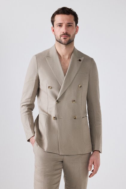Slim Fit Bej Düz Keten Karışımlı Kumaş Ceket
