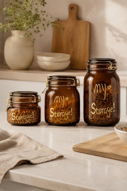 Set of 3 Glass Storage Jars | Amber Glass Jar with Locking Lid and Silicone Gasket | Airtight Kitchen Storage Container