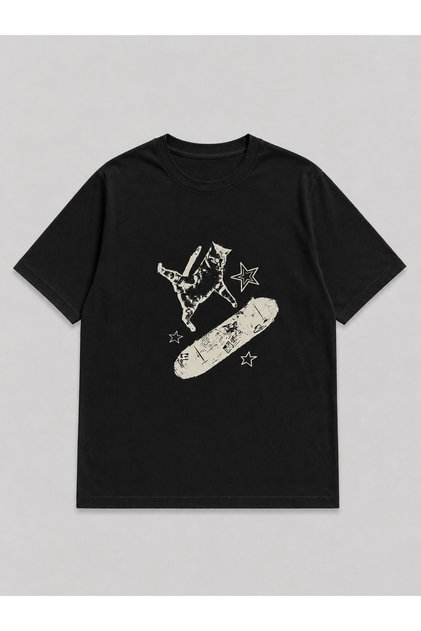 Unisex Y2K Skateboarder Cat Printed Oversized T-Shirt