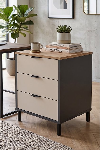 Motto 52x45 cm 3 Çekmeceli Ofis Keson Komodin Metal Ayaklı Sepet-Kumsal-Antrasit MT3-CSA