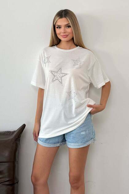 Women's Stone Star Patterned T-Shirt White - 26Y 5199