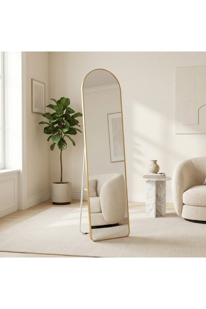 Gold Floor Mirror Large Slim Tall Arched Mirror, Arched Stand Mirror with Gold Metal Frame, 147X36Cm