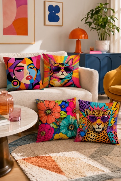 Multi-Colored Flower, Girl, Leopard, Cat Patterned 4-Piece Throw Pillow Cover Set