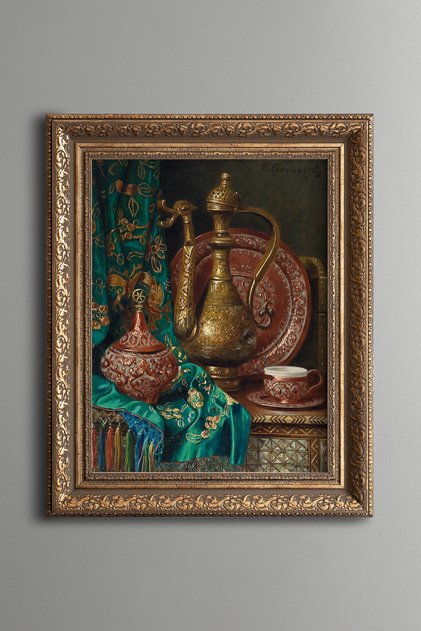 Vintage Antique Pitcher and Engraved Decorative Object - Vintage Patterned Painting - Thick Model