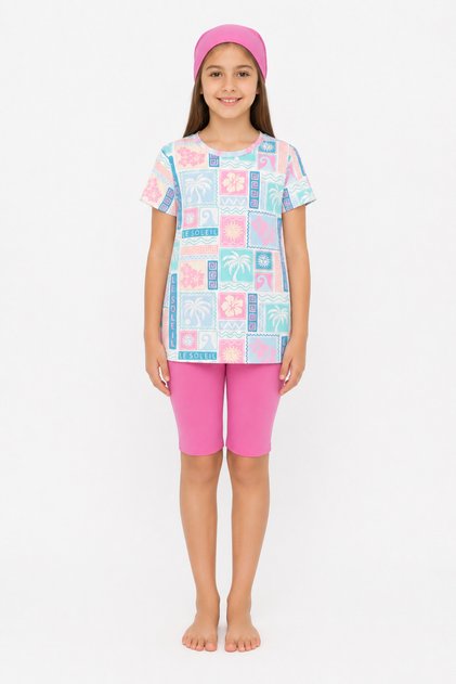 42507-26 Girls' Short Sleeve Sea Set Including a Cap, Digital Patterned Quick Drying Flexible Swimsuit Set