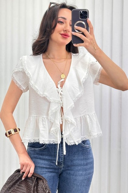 Women's Ruffle Tie V-Neck Summer Blouse Short Sleeve Flounce Loose Chic Casual Blouse