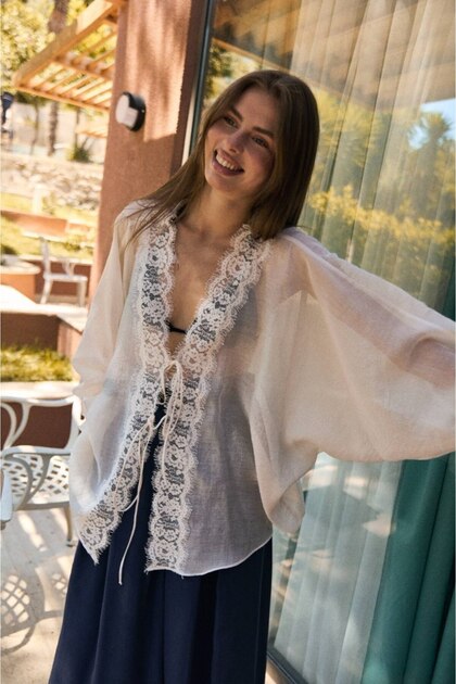 My Blog Off-White Transparent Lace Shirt - 5108 - Trendyol