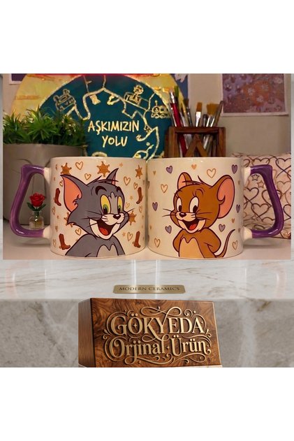 Gökyeda Tom ve Jerry Tasarımlı Eğlenceli Çift Kupa Bardak Mor Kulplu Sevgiliye Hediye
