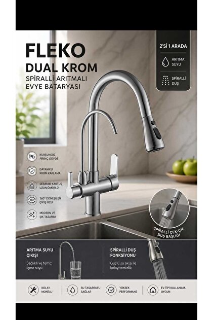 Dual Krom Spiralli Arıtmalı Mutfak Evye Bataryası