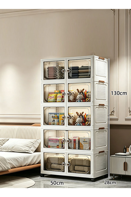 5 Tier Foldable Storage Cabinet with Doors and Wheels, 50cm Wide Plastic Storage Organizer