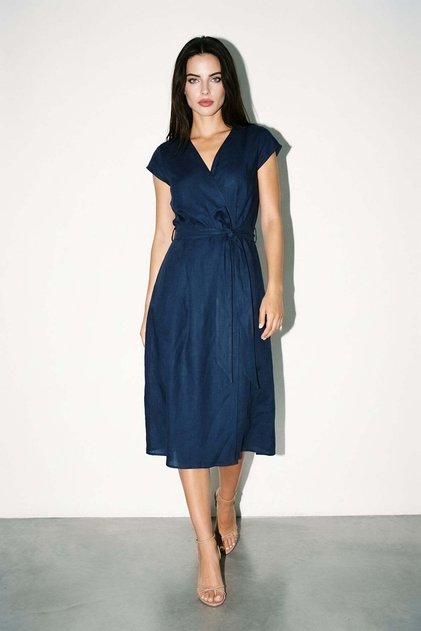Navy Blue 100% Linen Dress with Collar and Shoulder Detail and Waist Tie Detail