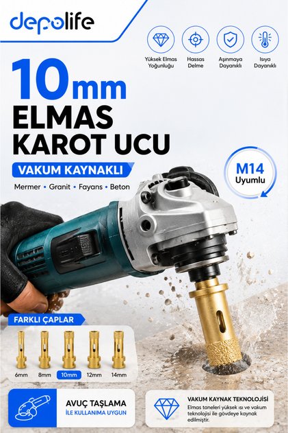 10 mm M14 Vakum Kaynaklı Elmas Karot Ucu Mermer Granit Fayans Beton Delme Panç Ucu Ürün Açıklaması