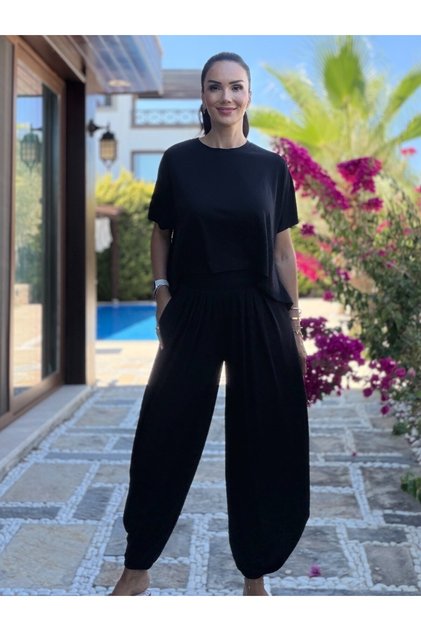 Black Pleated Modal Shalwar Trousers Blouse Set