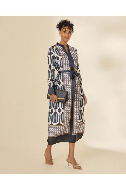 Women Navy Satin Printed Maxi Dress