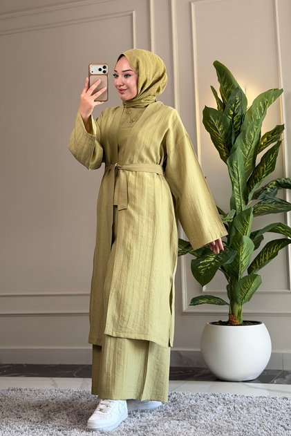 6344 - Stylish and Comfortable Viva Casual Women's Cap Tunic Trousers 3-Piece Set with Waist Tie Detail