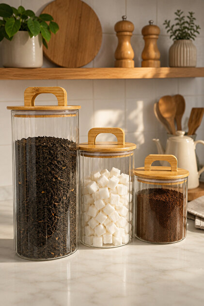 Aria - 3'lü Borosilikat Bambu Kapaklı 1300- 900 -600 ml Kavanoz Takımı Çizgili