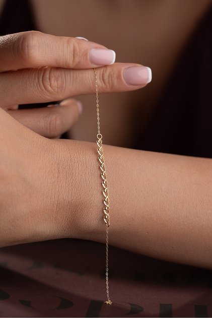 14 Ayar Altın Kalp Zincirli Bileklik