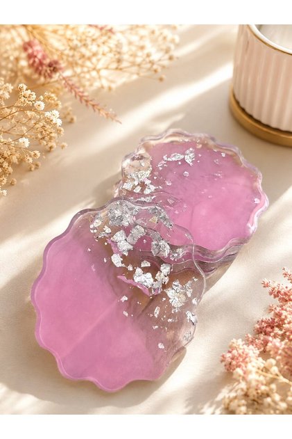 4'lü El Yapımı Epoksi Bardak Altlığı Set – Pembe GÜMÜŞ Varaklı Renk, Isıya Dayanıklı, Hediyelik, Sunumluk