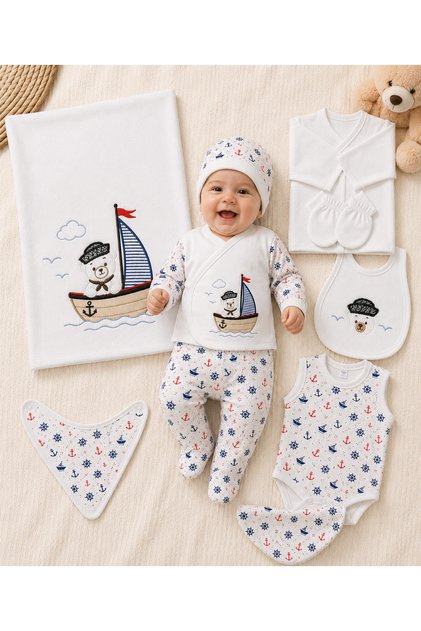 Sailor Teddy Bear Embroidered Newborn Hospital Discharge Set 10 Pieces 100% Cotton Baby Set