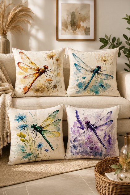 Colorful Dragonflies Patterned 4-Piece Throw Pillow Cover Set