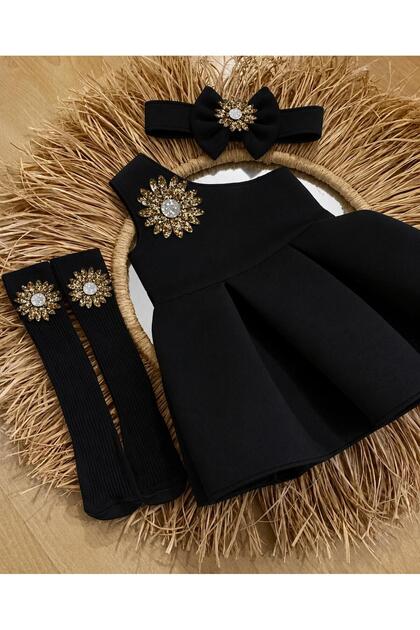 Kız çocuk papatyalı elbise çorap ve bandana 3 parça set
