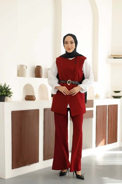Belted Vest Trouser Set - Burgundy