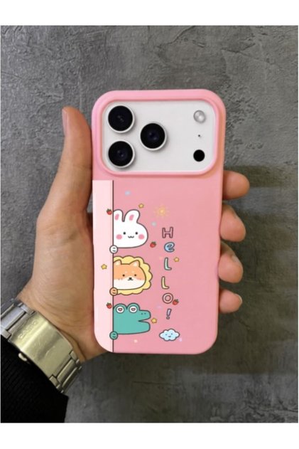 iPhone 17 Pro Max Compatible Pink Case with Hello Written and Animals Looking at the Edge Pattern