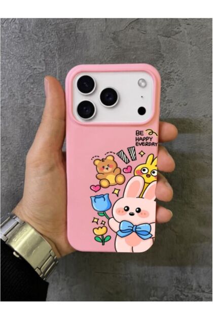 iPhone 17 Pro Max - 18 Pro Max Compatible Be Happy Everyday Written Rabbit and Teddy Bear Pink Case