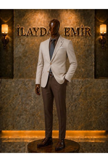 Men's Slim Fit Beige Blazer Jacket Brown Fabric Trousers Suit Business Classic Stylish Combination