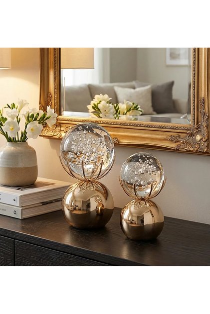 Dekoratif Kristal Küre Biblo 2'li Set Cam Küre Salon Konsol Dresuar Masa Üstü Obje | Altın & Gümüş Renk Seçenekli 20x10-15x9cm