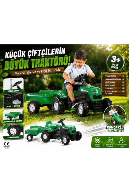 Pedallı Çocuk Traktörü Römorklu 6 Teker Pedallı Oyuncak Traktör Körük Korna 144 cm 3 Yaş+ Yeşil