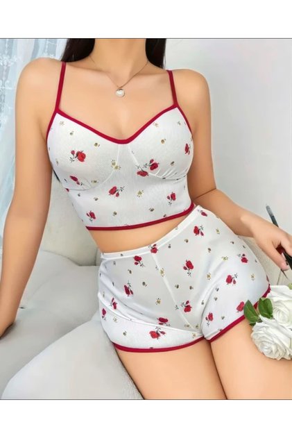 Women's Rose Patterned Shorts Pajama Set with Straps Camisole Summer Pajama Set Crop Home Wear Comfortable Sleep Set White