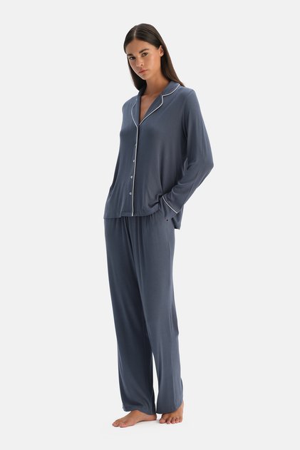 Indigo Piping Long Sleeve Camisole Shirt and Trousers Set