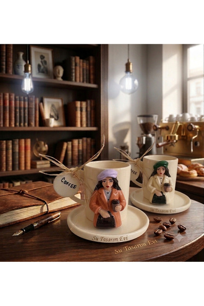 Su Design House Gift Handmade Porcelain Coffee Cup - Presentation Plate and Cup Set with Design Figures 