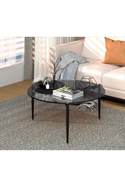 Round Tempered Glass Coffee Table: Large 80 x 40 cm Center Table, Modern Minimalist High-Gloss Grey Sofa Table with Matte Black Legs, Transparent Low Round Center Table for Living Room