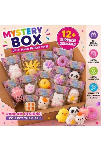 Fun Box with 12+ Random Pinch Squishy Toys | Soft Squeeze Sensory Fidget Toy Set | Cute Animal & Food Designs | Party Favors, Birthday Gifts & Collectibles | Ages 3+